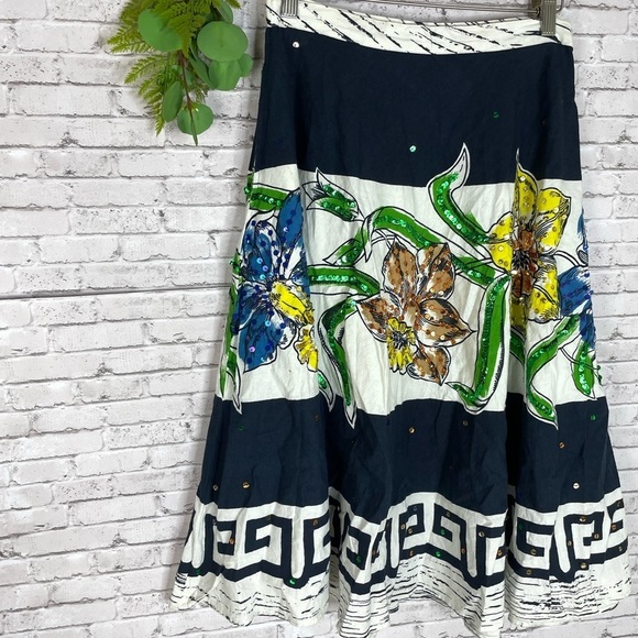 Bernardo Navy Blue Sequin Floral Print A Line Midi Skirt - Picture 2 of 5